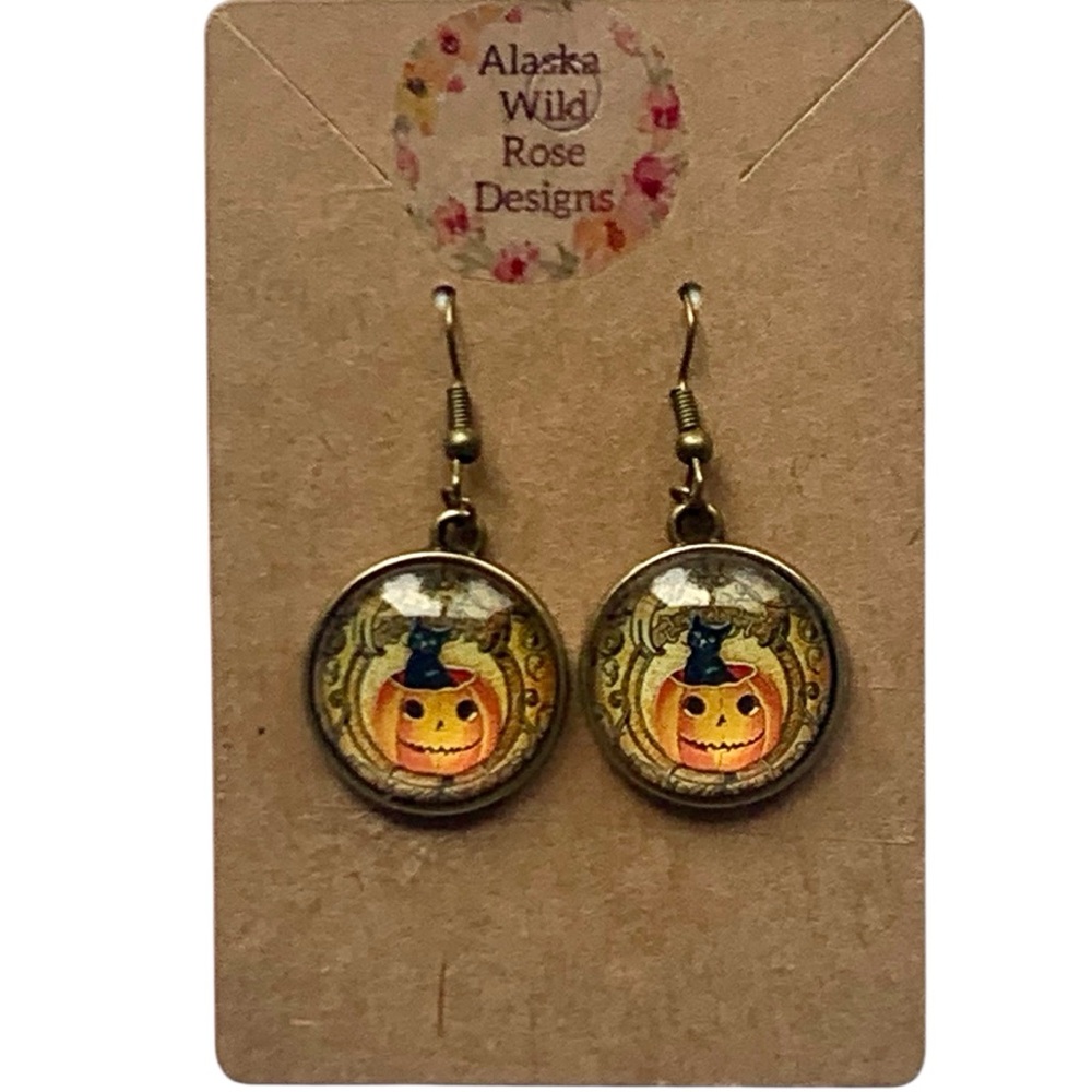 Pumpkin & Black Cat Halloween fishhook dangle Earrings - Picture 2 of 2